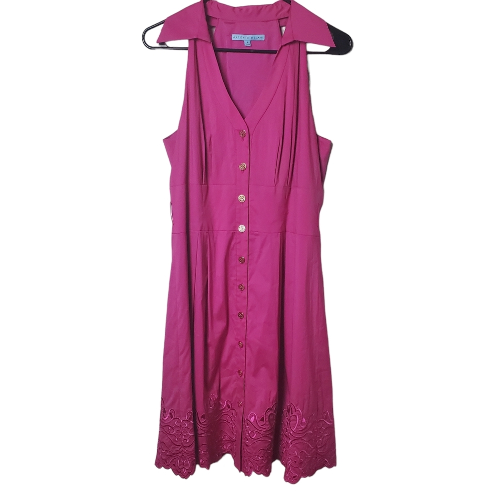 Antonio Melani | Sleeveless Midi Dress | Pink Lace Detail Gold Button Cotton | 6